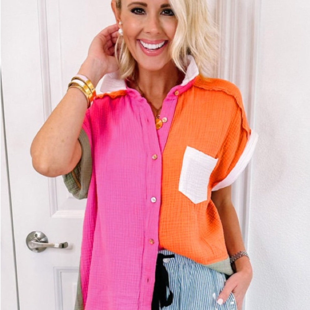 Rose Crinkled Colorblock Raw Hemline Short Sleeves Shirt